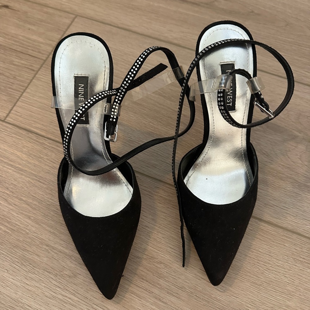 Nine West Black Ankle Strap Heels Frant Pointed Toe Pump - Picture 3 of 5